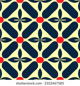 Striking black and yellow pattern adorned with red circles. This art deco design showcases a mix of geometric shapes and intricate curves, reminiscent of art nouveau patterns.