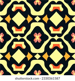 Striking black and yellow pattern highlighted by vibrant pink flowers, boasting seamless symmetry in its design. Perfect for fabric, this repeating pattern evokes a harmonious and lively.