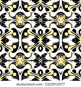 Striking black and yellow pattern on white backdrop. Art nouveau inspired design with paisley elements, ideal for seamless pattern creations.