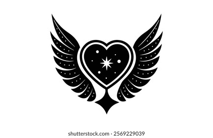 A striking black-and-white design featuring a heart adorned with a radiant star at its center, surrounded by wings. This artwork symbolizes freedom, love, and celestial beauty.