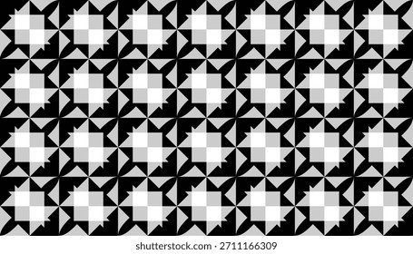 Um impressionante padrão geométrico preto-e-branco com formas semelhantes a estrelas dispostas em uma grade contínua. Cada motivo combina pontos triangulares nítidos com formas quadradas em camadas