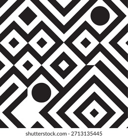 Un llamativo patrón geométrico en blanco y negro con líneas diagonales llamativas, Formas de diamantes en capas y Elementos circulares contrastantes. Esta textura monocromática abstracta crea un contraste dinámico y alto
