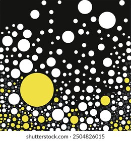 A striking black-and-white pattern featuring a concentric arrangement of various-sized dots radiating from a central circle. 