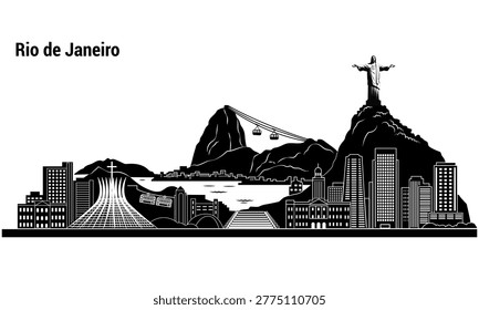 Striking black-and-white Rio de Janeiro skyline silhouette featuring Christ the Redeemer, perfect for modern wall art, travel posters, branding, and stylish home or office decor.