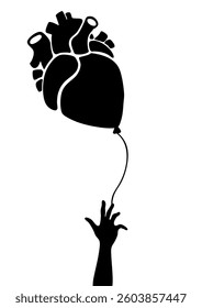 A striking black-and-white surreal illustration depicting an anatomically detailed heart transformed into a balloon, floating away while being released by a reaching hand. 