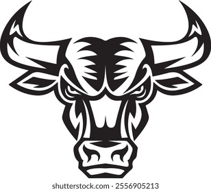 A striking black-and-white tribal-style illustration of a bull's head, showcasing bold and dynamic patterns. The design emphasizes sharp lines and intricate details, highlighting the bull’s large, 