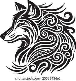 A striking black-and-white tribal-style illustration of a wolf's head in profile, featuring intricate, flowing patterns and symbolic shapes embedded in its fur. The design blends swirls, curves,