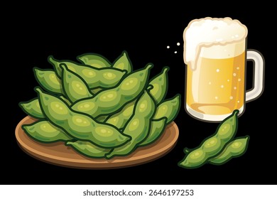 A striking black-background illustration of a beer mug and edamame—ideal for bar or party visuals.
