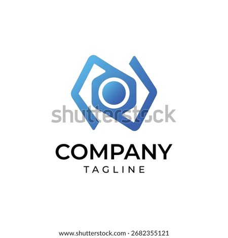 A striking blue abstract geometric logo, reminiscent of a camera lens or aperture, representing technology and precision. Isolated on a white background.