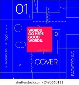 Striking blue poster with a central red text box stating "Words go here. Good words." in a bold, minimalist layout.