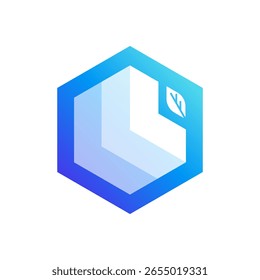 A striking, blue and purple gradient hexagonal logo featuring abstract, layered shapes resembling steps or building blocks, with a small leaf accent