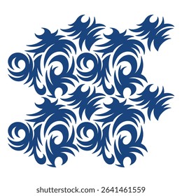 A striking blue tribal-inspired abstract pattern featuring interconnected swirling motifs and stylized organic shapes