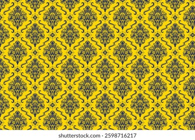 Striking blue and yellow damask pattern with bold baroque details. A vibrant and elegant choice for luxurious wallpaper, textiles, and decorative design.