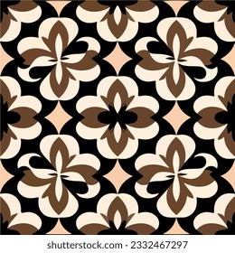 Striking brown and white flower pattern on a black background. The tilework exhibits an alluring blend of Art Nouveau floor patterns and damask motifs.