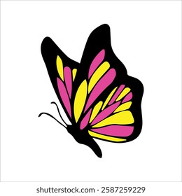 A striking butterfly illustration with bold black outlines and vibrant pink and yellow wing patterns, symbolizing transformation, beauty, and freedom in nature-inspired digital art.