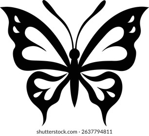 Striking butterfly vector graphic showcases a detailed black and white design with flowing lines defining the wing shapes and delicate antennae against a clean backdrop.