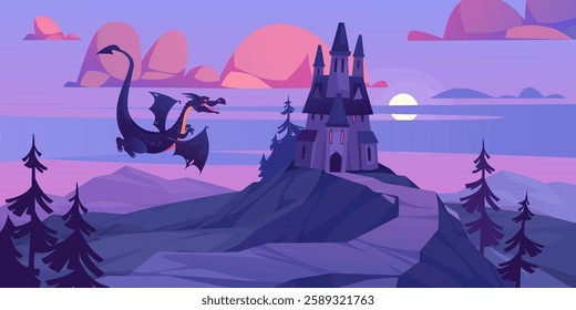 A striking cartoon vector illustration features a majestic dragon flying above a dark castle perched on a mountain. Spooky castle under a full moon in a night landscape with dark trees and mountains