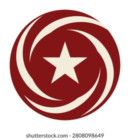 A striking circular emblem design featuring a bold central five pointed star surrounded by elegant sweeping spiral lines in a deep red and off white color palette.