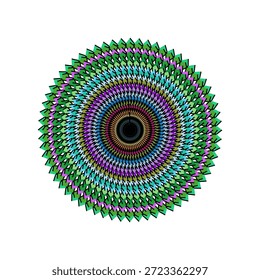 Um padrão circular impressionante em tons de verde e roxo com bordas afiadas e um centro escuro sobre um fundo branco.