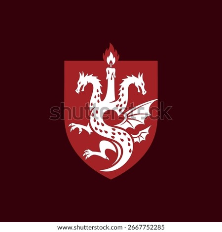 A striking coat of arms featuring a three-headed dragon holding a lit candle, representing power and illumination, on a rich maroon background.