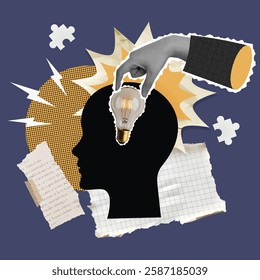 A striking collage depicting a hand placing a lightbulb into a human silhouette, symbolizing innovation and creativity in a vibrant design style.