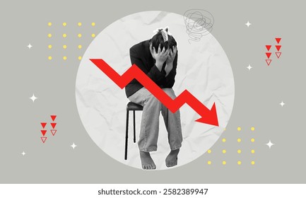 A striking collage depicting a person in despair with their head in hands, surrounded by downward trend graphics, conveying themes of anxiety and market downturn.