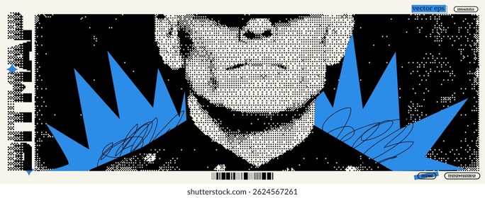 A striking collage features a policeman depicted in a distinctive bitmap style, combining elements of dadaism and y2k aesthetics. Bold colors and pixelated designs create a modern visual impact.