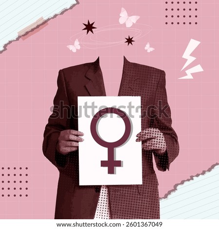 A striking collage featuring a faceless figure holding the female symbol, symbolizing feminist strength and representation, ideal for art projects and awareness campaigns.