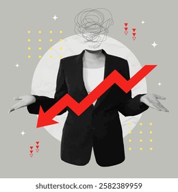 A striking collage style vector illustration of a businessperson with a head of chaos, showing a downward trend line, representing financial uncertainty.