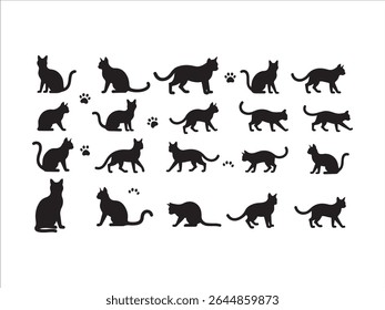 A striking collection of black cat silhouette vectors, complete with playful paw prints, is perfect for various design needs.