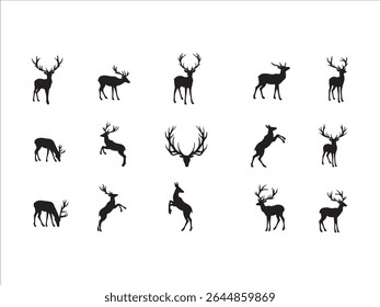 A striking collection of black deer silhouettes in various poses is presented against a clean white background.