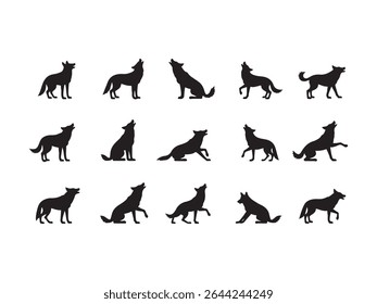 A striking collection of black wolf silhouettes, showcasing a variety of dynamic poses, including iconic howling. 
