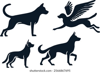  A striking collection of canine silhouettes showcasing agility, strength, and grace, including a fantastical winged dog design.