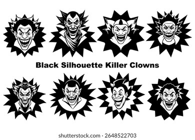 Uma impressionante coleção de oito ilustrações únicas e monocromáticas com faces sinistras de palhaços que surgem de fundos pretos e pontiagudos, oferecendo um impacto visual arrojado e ousado.