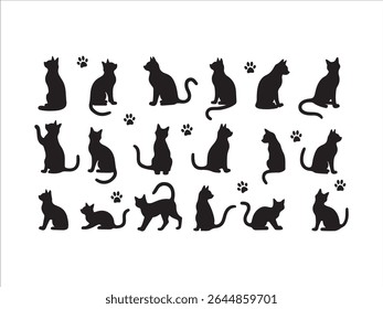 A striking collection features black cat silhouettes alongside paw prints, meticulously designed and isolated on a clean white background