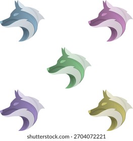 A striking collection of five stylized wolf head logos arranged in a circular pattern.