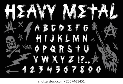 A striking collection of heavy metal-themed typography features letters and numbers alongside various symbols such as skulls lightning bolts and a guitar.