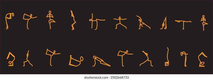 A striking collection of orange neon stick figures performing various yoga poses against a black background, available in EPS format. This bold and modern design is ideal for fitness illustrations.