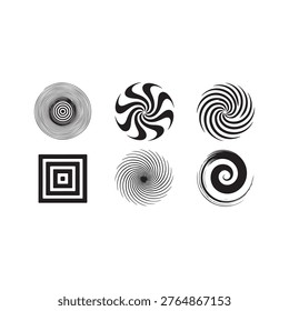 A striking collection of six bold black and white hypnotic spiral designs and geometric optical illusions on a clean white background. This vector set features concentric circles, swirling vortex patterns, dynamic curved swirls, a hypnotic square tunnel, and flowing spiral motifs. These high-contrast graphic elements create a strong visual impact and are perfect for psychedelic art, op art, logo design, branding, posters, music album covers, t-shirt prints, digital backgrounds, and modern abstract projects. Scalable vector files ideal for both print and web use.