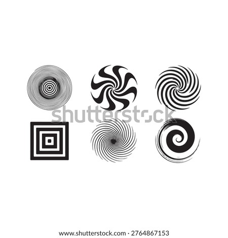 A striking collection of six bold black and white hypnotic spiral designs and geometric optical illusions on a clean white background. This vector set features concentric circles, swirling vortex patterns, dynamic curved swirls, a hypnotic square tunnel, and flowing spiral motifs. These high-contrast graphic elements create a strong visual impact and are perfect for psychedelic art, op art, logo design, branding, posters, music album covers, t-shirt prints, digital backgrounds, and modern abstract projects. Scalable vector files ideal for both print and web use.