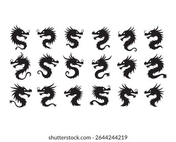 A striking collection of stylized black dragon head emblems is presented against a clean white background in this vector graphic