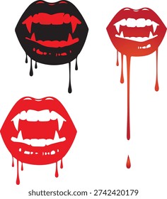 Striking collection of three graphic illustrations featuring stylized vampire lips with sharp fangs and dramatic dripping liquid, evoking a dark and mysterious aesthetic 