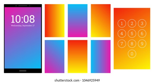 Striking colors gradient screen backgrounds set. Orange and blue numpad and screensaver kit. Vector wallpaper UI template for smartphone display. Device or gadget GUI for app, home or lock screen.