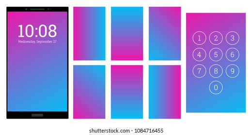 Striking colors gradient screen backgrounds set. pink and blue numpad and screensaver kit. Vector wallpaper UI template for smartphone display. Device or gadget GUI for app, home or lock screen.