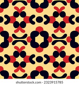 Striking combination of black and red forms an energetic pattern against vibrant yellow backdrop, evoking the flamboyant style of Versace. It may also be associated with found and Bozo.