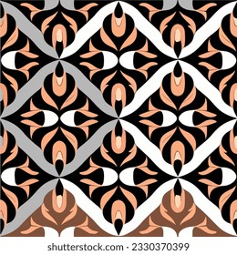 Striking combination of black and white background adorned with an intricate orange art nouveau pattern. The seamless design blends elements of art deco, resulting in a visually stunning.