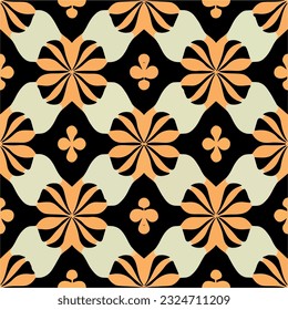 Striking combination of orange and white flower motifs displayed on black background. Art Nouveau pattern creates captivating and repeating fabric design.