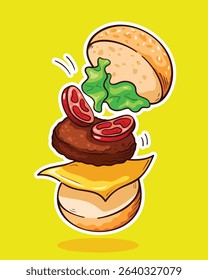 Striking comic book style illustration of a falling burger