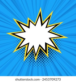 Llamativo estilo cómico estalló con una forma de estrella central, contorneada en amarillo, contra un fondo azul con líneas radiales y puntos de semitono.