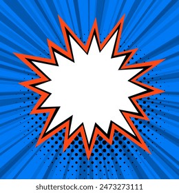 Sorprendente estallido de estilo cómico con forma de estrella central, contorneado en naranja, sobre un fondo azul con líneas radiales y puntos de semitonos.